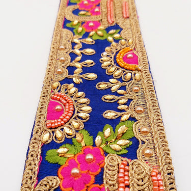 Royal Blue Art Silk Fabric Trim With Green, Orange, Pink And Gold Floral Embroidery